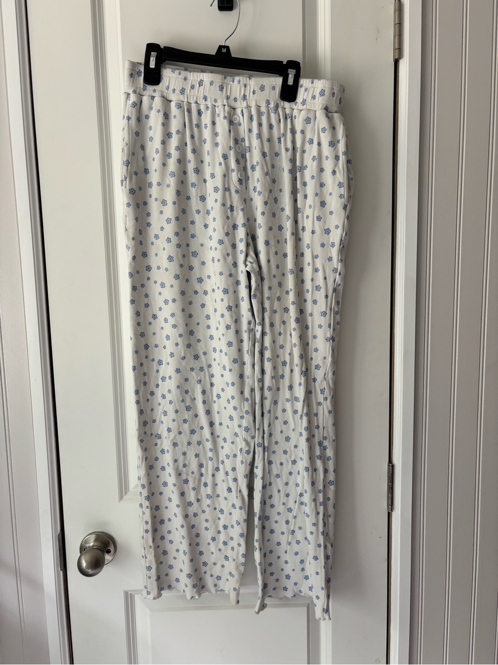 Women's White Wide-Leg Lounge Pants with Blue Floral Print